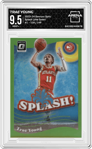 Trae Young from the 2023-24 Donruss Optic set featuring a Lime Green parallel graded by Arena Club and given an overall grade of 9.5.