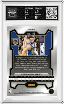 Stephen Curry from the 2023-24 Panini Prizm set featuring a Green Prizm parallel graded by Arena Club and given an overall grade of 9.5.