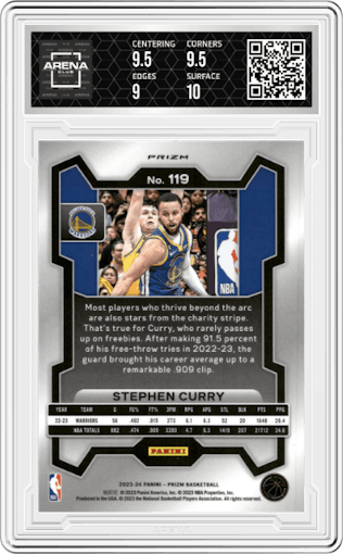 Stephen Curry from the 2023-24 Panini Prizm set featuring a Green Prizm parallel graded by Arena Club and given an overall grade of 9.5.