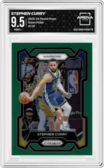 Stephen Curry from the 2023-24 Panini Prizm set featuring a Green Prizm parallel graded by Arena Club and given an overall grade of 9.5.
