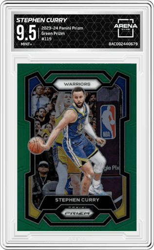 Stephen Curry from the 2023-24 Panini Prizm set featuring a Green Prizm parallel graded by Arena Club and given an overall grade of 9.5.