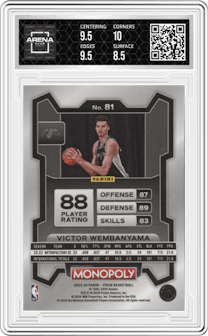 Victor Wembanyama from the 2023-24 Panini Prizm Monopoly set graded by Arena Club and given an overall grade of 9.