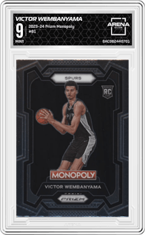 Victor Wembanyama from the 2023-24 Panini Prizm Monopoly set graded by Arena Club and given an overall grade of 9.