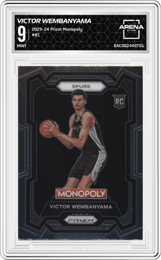 Victor Wembanyama from the 2023-24 Panini Prizm Monopoly set graded by Arena Club and given an overall grade of 9.