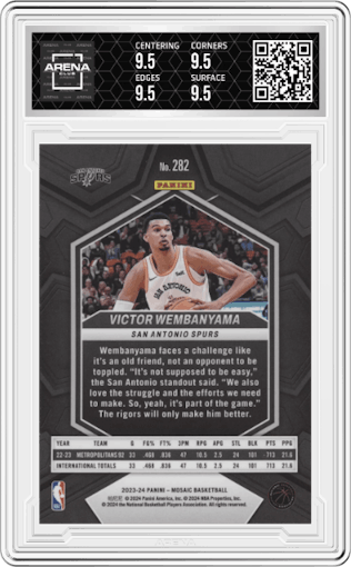 Victor Wembanyama from the 2023-24 Panini Mosaic set graded by Arena Club and given an overall grade of 9.5.