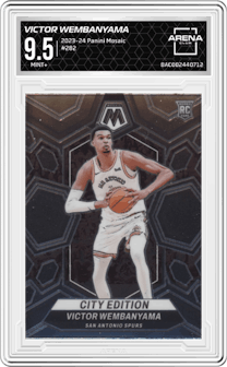 Victor Wembanyama from the 2023-24 Panini Mosaic set graded by Arena Club and given an overall grade of 9.5.