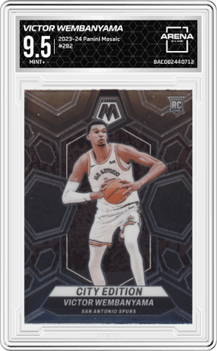 Victor Wembanyama from the 2023-24 Panini Mosaic set graded by Arena Club and given an overall grade of 9.5.