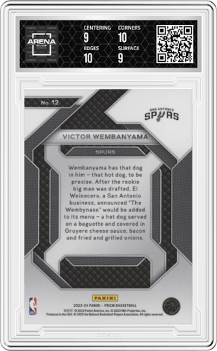 Victor Wembanyama from the 2023-24 Panini Prizm set graded by Arena Club and given an overall grade of 9.5.