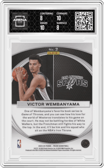 Victor Wembanyama from the 2023-24 Panini Prizm set graded by Arena Club and given an overall grade of 8.5.