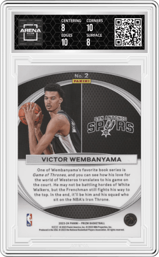 Victor Wembanyama from the 2023-24 Panini Prizm set graded by Arena Club and given an overall grade of 8.5.