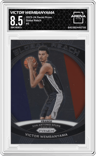 Victor Wembanyama from the 2023-24 Panini Prizm set graded by Arena Club and given an overall grade of 8.5.
