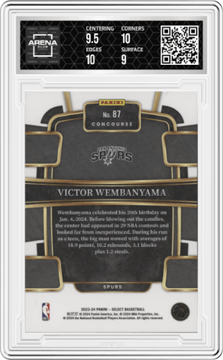 Victor Wembanyama from the 2023-24 Panini Select  set featuring a Blue Retail parallel graded by Arena Club and given an overall grade of 9.5.