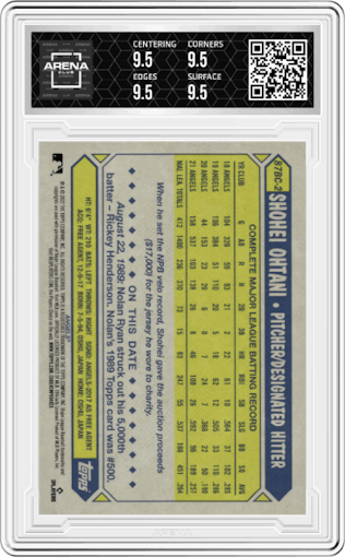 Shohei Ohtani from the 2022 Topps Chrome set graded by Arena Club and given an overall grade of 9.5.