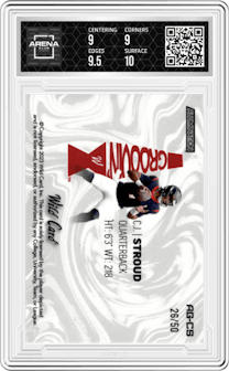 CJ Stroud from the 2023 Wild Card Alumination set featuring a Rainbow Purple parallel graded by Arena Club and given an overall grade of 9.5.