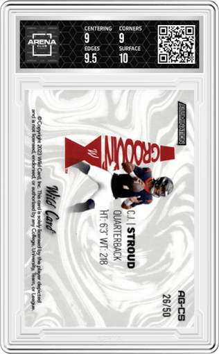CJ Stroud from the 2023 Wild Card Alumination set featuring a Rainbow Purple parallel graded by Arena Club and given an overall grade of 9.5.
