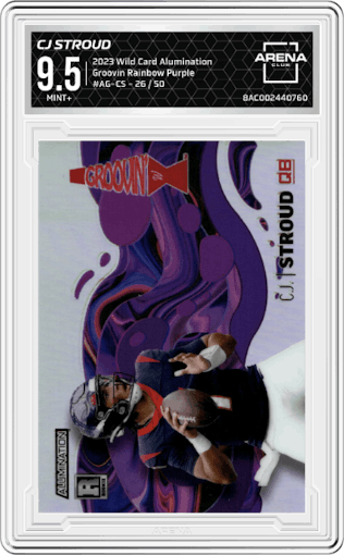 CJ Stroud from the 2023 Wild Card Alumination set featuring a Rainbow Purple parallel graded by Arena Club and given an overall grade of 9.5.