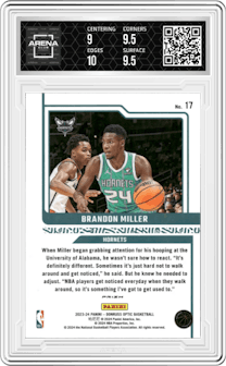Brandon Miller from the 2023-24 Donruss Optic set featuring a Red International parallel graded by Arena Club and given an overall grade of 9.5.
