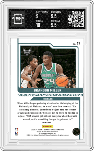 Brandon Miller from the 2023-24 Donruss Optic set featuring a Red International parallel graded by Arena Club and given an overall grade of 9.5.