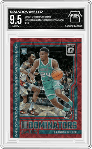Brandon Miller from the 2023-24 Donruss Optic set featuring a Red International parallel graded by Arena Club and given an overall grade of 9.5.