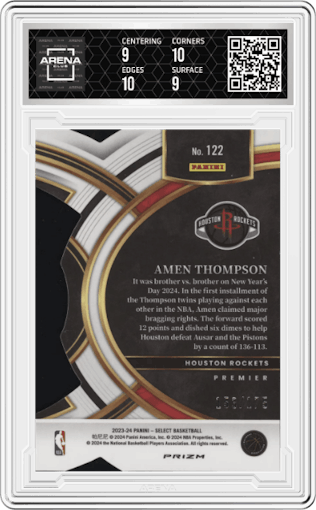 Amen Thompson from the 2023-24 Panini Select  set featuring a Die-Cut Maroon Prizm parallel graded by Arena Club and given an overall grade of 9.5.