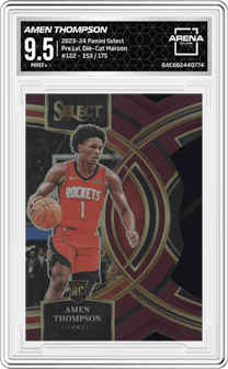 Amen Thompson from the 2023-24 Panini Select  set featuring a Die-Cut Maroon Prizm parallel graded by Arena Club and given an overall grade of 9.5.