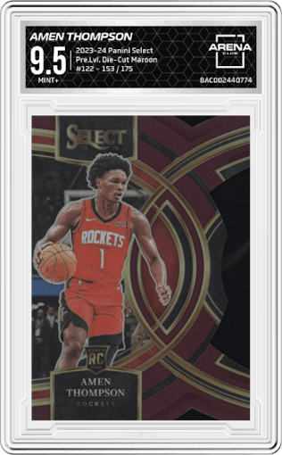 Amen Thompson from the 2023-24 Panini Select  set featuring a Die-Cut Maroon Prizm parallel graded by Arena Club and given an overall grade of 9.5.
