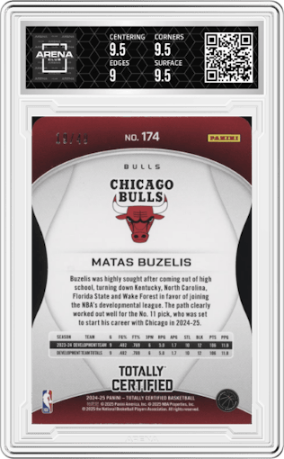 Matas Buzelis from the 2024-25 Panini Totally Certified set featuring a Purple Die-Cut Platinum Mirror parallel graded by Arena Club and given an overall grade of 9.5.