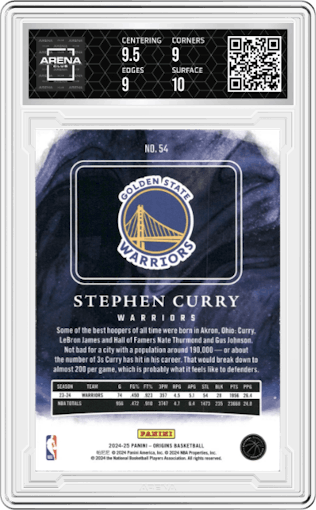 Stephen Curry from the 2024-25 Panini Origins set featuring a Orange parallel graded by Arena Club and given an overall grade of 9.5.