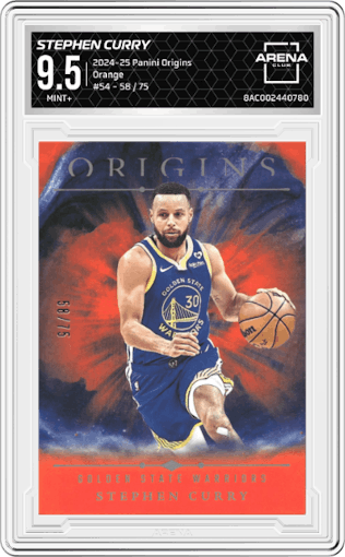 Stephen Curry from the 2024-25 Panini Origins set featuring a Orange parallel graded by Arena Club and given an overall grade of 9.5.