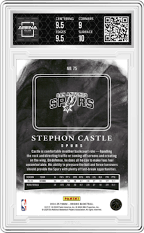 Stephon Castle from the 2024-25 Panini Origins set featuring a Purple FOTL parallel graded by Arena Club and given an overall grade of 9.5.