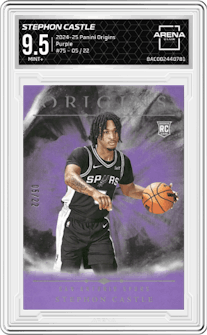 Stephon Castle from the 2024-25 Panini Origins set featuring a Purple FOTL parallel graded by Arena Club and given an overall grade of 9.5.