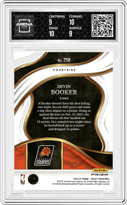 Devin Booker from the 2023-24 Panini Select  set featuring a Dragon Scale Prizms parallel and given an overall grade of 9.5.