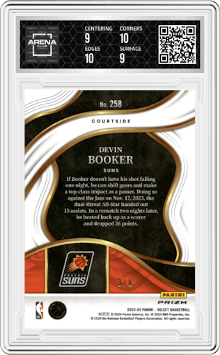 Devin Booker from the 2023-24 Panini Select  set featuring a Dragon Scale Prizms parallel graded by Arena Club and given an overall grade of 9.5.