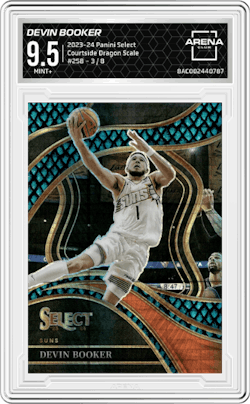 Devin Booker from the 2023-24 Panini Select  set featuring a Dragon Scale Prizms parallel and given an overall grade of 9.5.