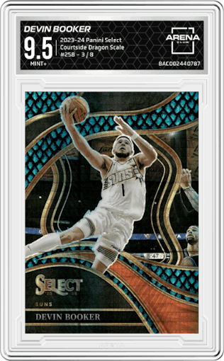 Devin Booker from the 2023-24 Panini Select  set featuring a Dragon Scale Prizms parallel graded by Arena Club and given an overall grade of 9.5.