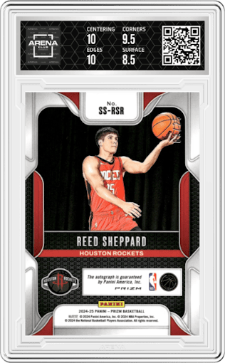 Reed Sheppard from the 2024-25 Panini Prizm set featuring a Blue Shimmer Prizms FOTL parallel graded by Arena Club and given an overall grade of 9.