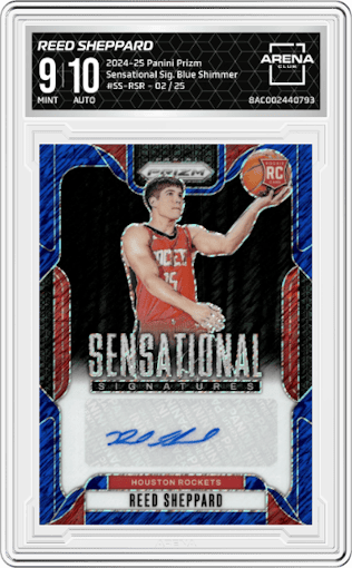 Reed Sheppard from the 2024-25 Panini Prizm set featuring a Blue Shimmer Prizms FOTL parallel graded by Arena Club and given an overall grade of 9.