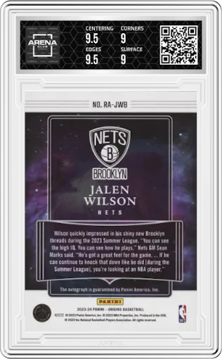 Jalen Wilson from the 2023-24 Panini Origins set featuring a Purple FOTL parallel graded by Arena Club and given an overall grade of 9.5.