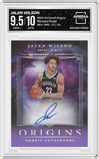Jalen Wilson from the 2023-24 Panini Origins set featuring a Purple FOTL parallel graded by Arena Club and given an overall grade of 9.5.