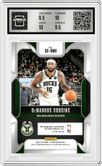 DeMarcus Cousins from the 2024-25 Panini Prizm set featuring a Gold Shimmer Prizms FOTL parallel graded by Arena Club and given an overall grade of 10.