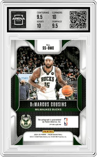 DeMarcus Cousins from the 2024-25 Panini Prizm set featuring a Gold Shimmer Prizms FOTL parallel graded by Arena Club and given an overall grade of 10.