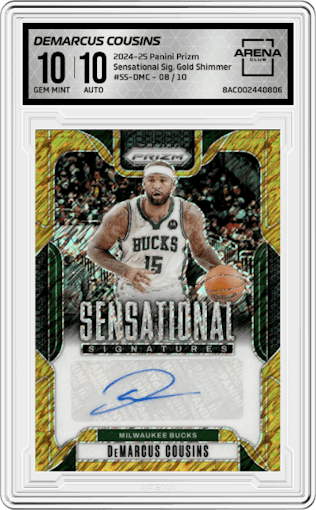 DeMarcus Cousins from the 2024-25 Panini Prizm set featuring a Gold Shimmer Prizms FOTL parallel graded by Arena Club and given an overall grade of 10.
