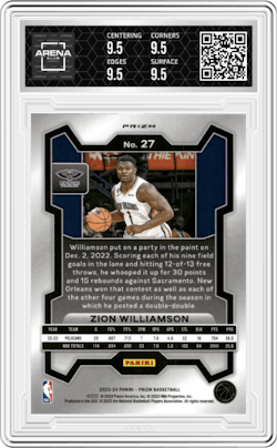 Zion Williamson from the 2023-24 Panini Prizm set featuring a King Snake parallel and given an overall grade of 9.5.