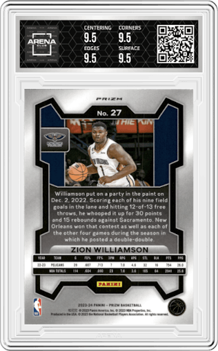 Zion Williamson from the 2023-24 Panini Prizm set featuring a King Snake parallel graded by Arena Club and given an overall grade of 9.5.