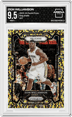 Zion Williamson from the 2023-24 Panini Prizm set featuring a King Snake parallel and given an overall grade of 9.5.