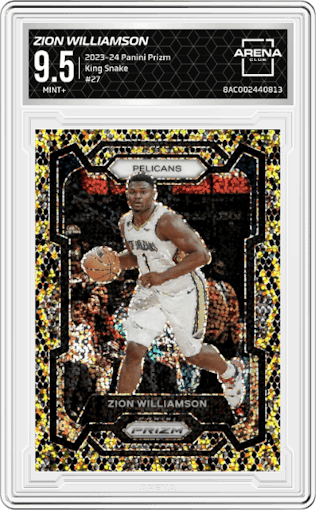 Zion Williamson from the 2023-24 Panini Prizm set featuring a King Snake parallel graded by Arena Club and given an overall grade of 9.5.
