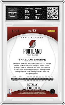 Shaedon Sharpe from the 2024-25 Panini Totally Certified set featuring a Mirror Gold parallel graded by Arena Club and given an overall grade of 9.5.
