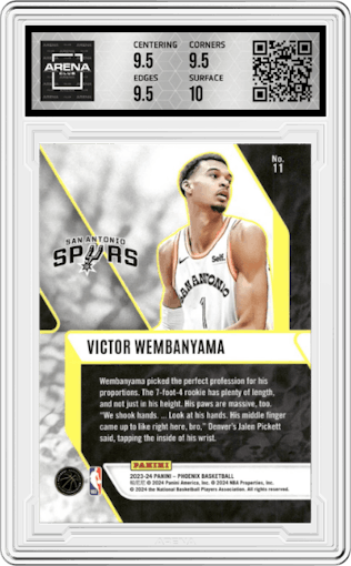 Victor Wembanyama from the 2023-24 Panini Phoenix set featuring a Silver parallel graded by Arena Club and given an overall grade of 10.
