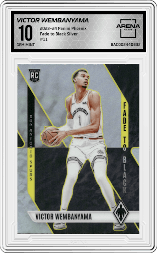 Victor Wembanyama from the 2023-24 Panini Phoenix set featuring a Silver parallel graded by Arena Club and given an overall grade of 10.
