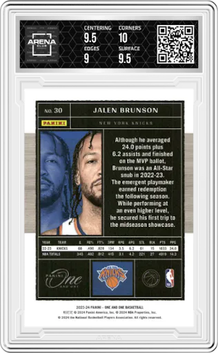 Jalen Brunson from the 2023-24 Panini One and One set featuring a Blue parallel graded by Arena Club and given an overall grade of 9.5.